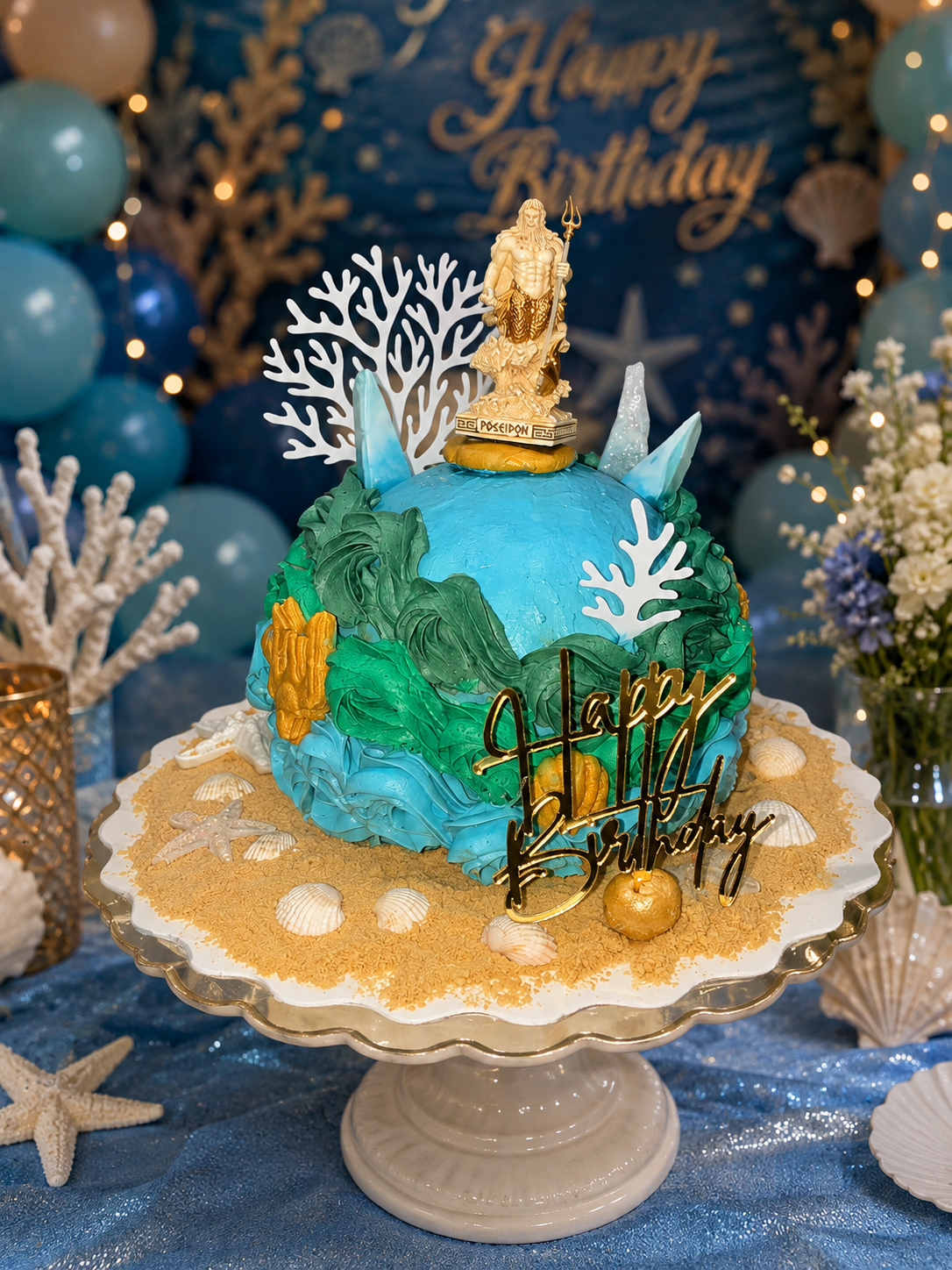 Ruler of the Deep — An epic Poseidon birthday cake rising from the ocean depths — sculpted waves, sea creatures, and a trident-wielding god make this a legendary centerpiece for any underwater adventure party