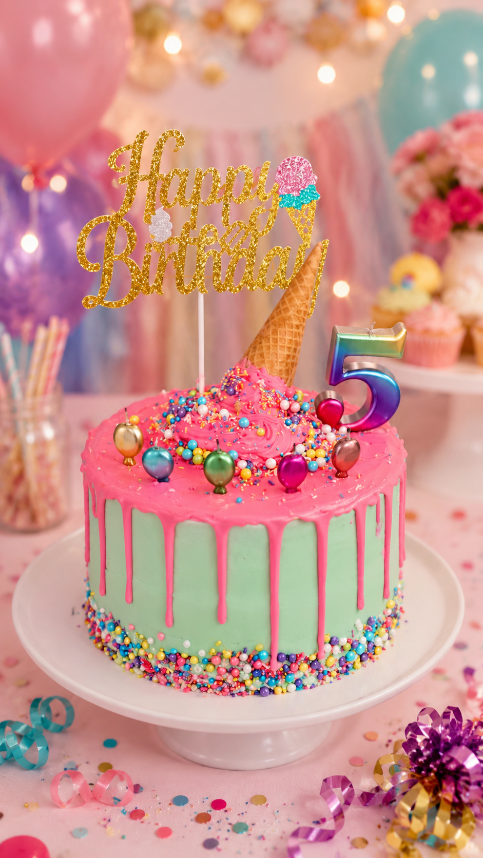 Fabulous Five — A vibrant, colorful ice cream drip cake crowned with a bold number five topper — because turning five is a very big deal worth celebrating in style