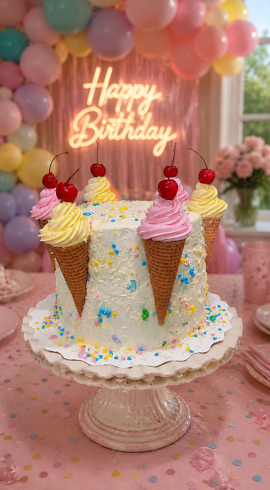 Ice Cream Dream — Whimsical birthday cake topped with colorful ice cream cone accents — playful, fun, and impossible to resist