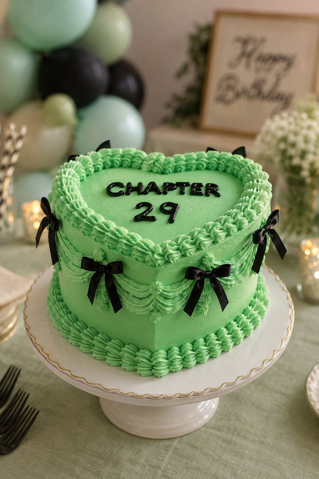 Chapter 29 — A show-stopping lime green heart-shaped cake dressed in sleek black fondant bows and crisp piped borders — bold, chic, and perfectly made for celebrating every fabulous new chapter