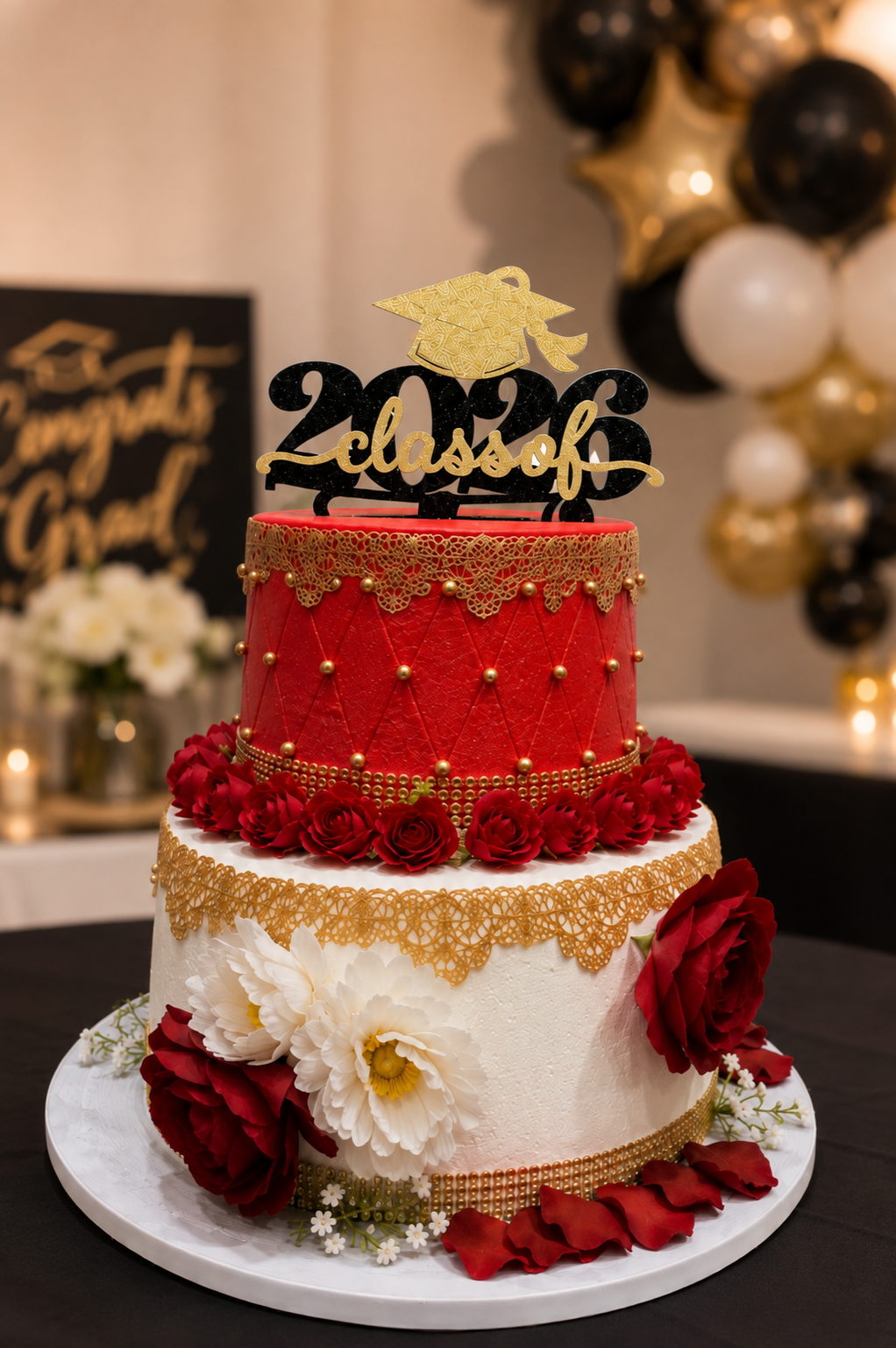 Honors & Roses — A stunning graduation celebration cake adorned with lush red roses and gold accents — the perfect tribute to years of hard work, dedication, and a future full of promise