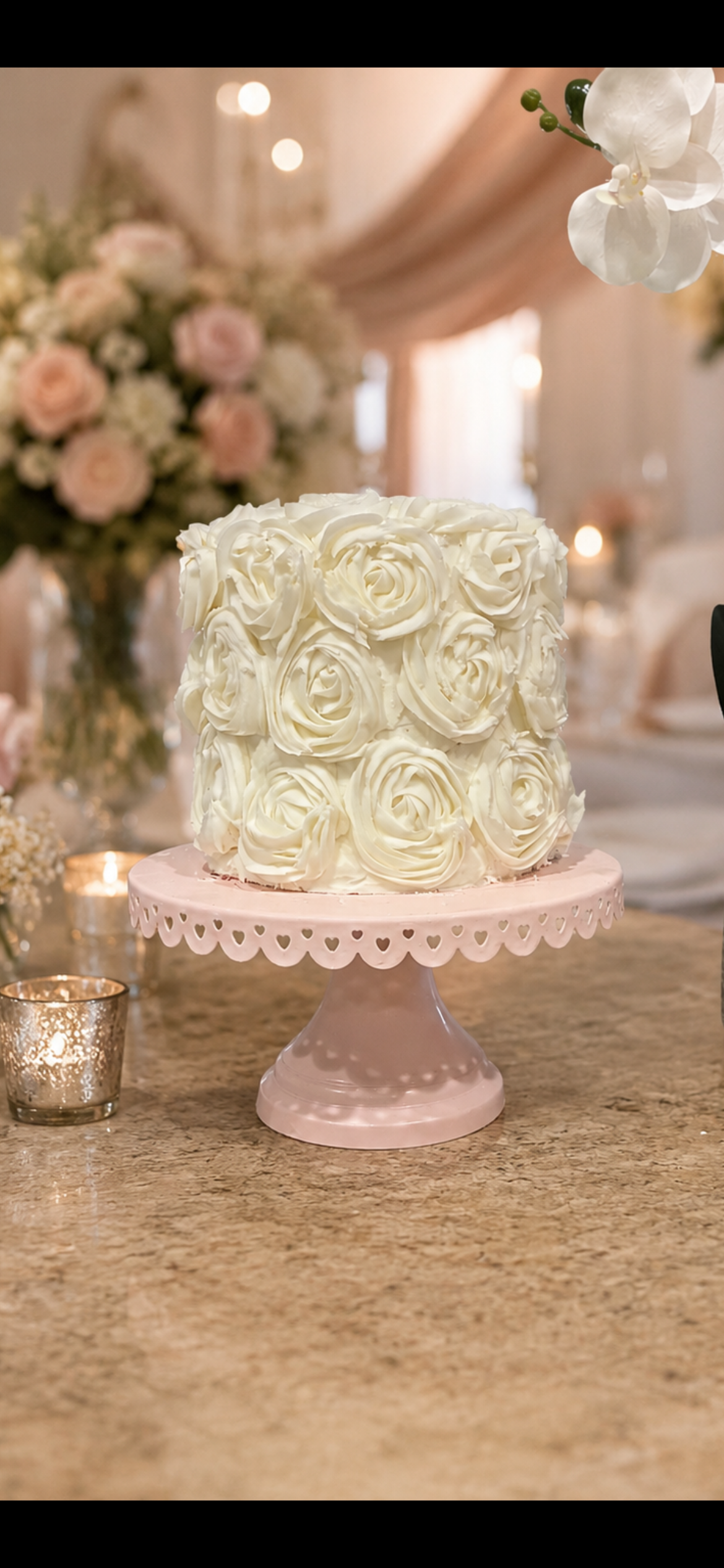 Rosette Romance — A dreamy bridal shower cake blanketed in hand-piped rosette swirls and crowned with fresh white roses — soft, romantic, and utterly unforgettable