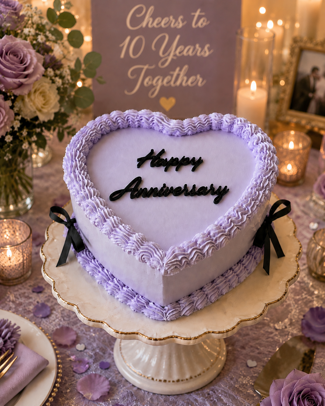 Purple Heart — Heart-shaped anniversary cake with dreamy lavender frosting and delicate-piped detailing — sweet, romantic, and one of a kind