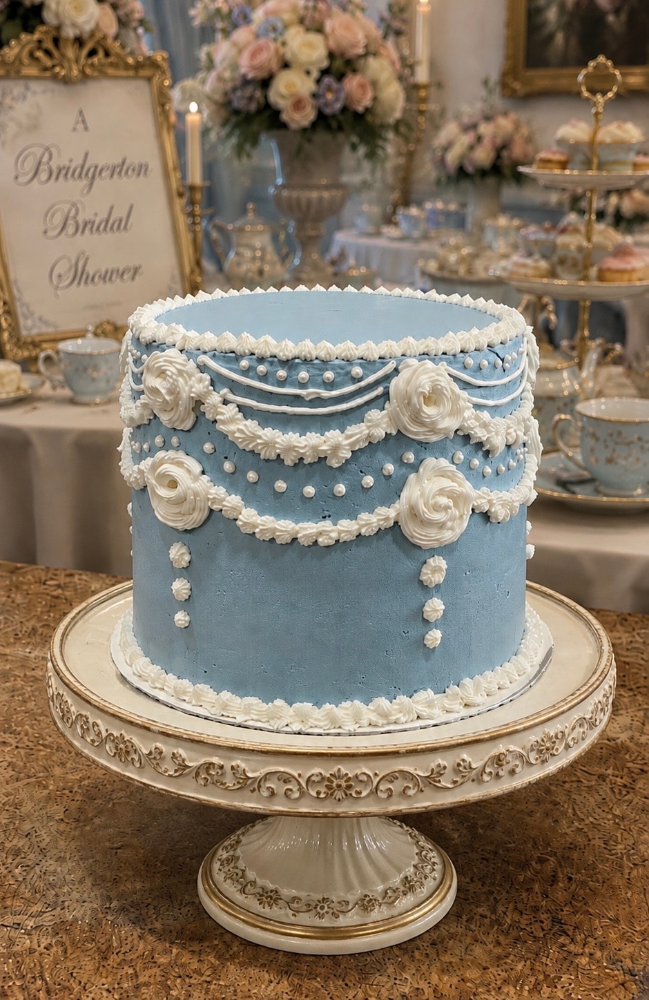 Something Blue — Dreamy Brigerton-inspired bridal shower cake crowned with lush white roses and delicate floral accents — romantic and refined